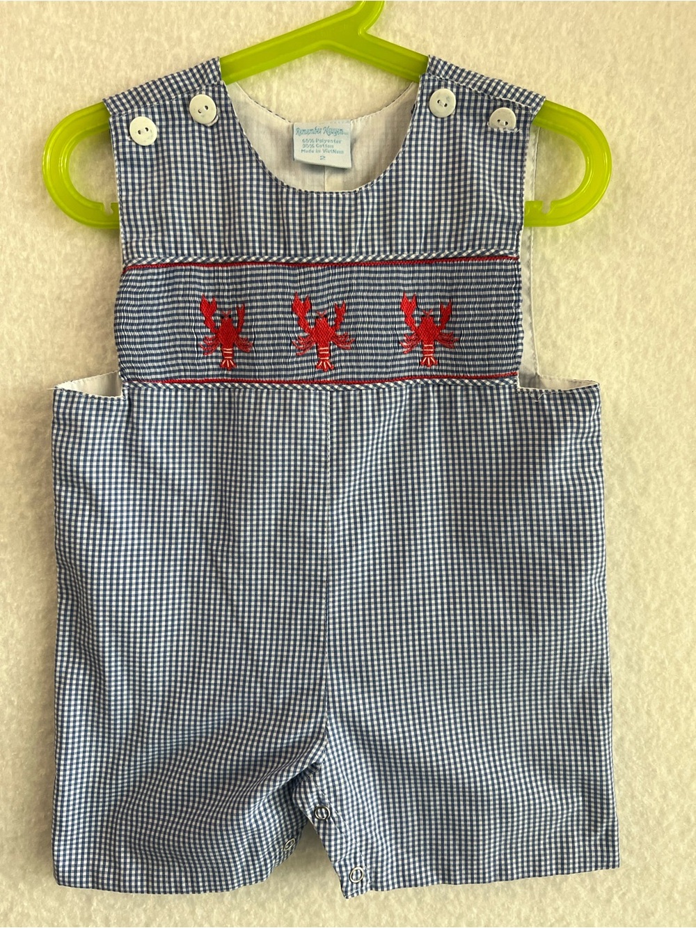 Remember Nguyen Blue Gingham Smocked Lobster Kids Romper - Unisex 2T